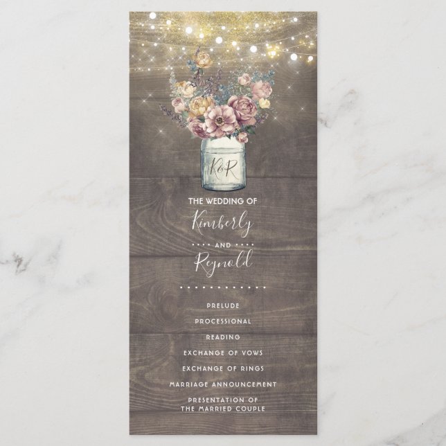 Programa de Boda Rustic Mauve Gold Floral Mason Ja (Anverso)