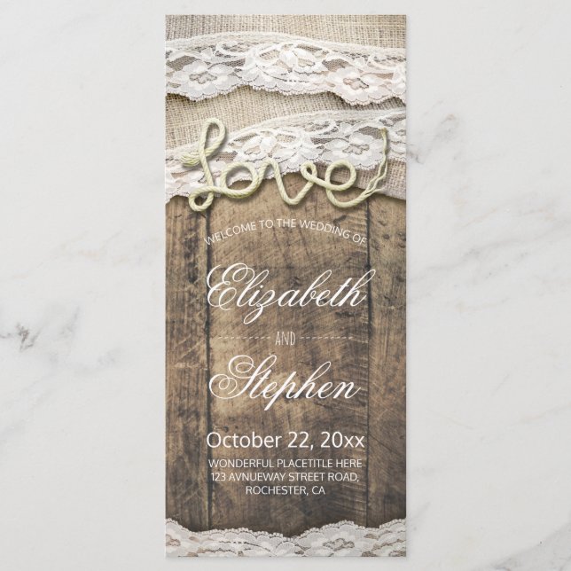 Programa de Boda Rustic Wood Love Rope Burlap Lace (Anverso)