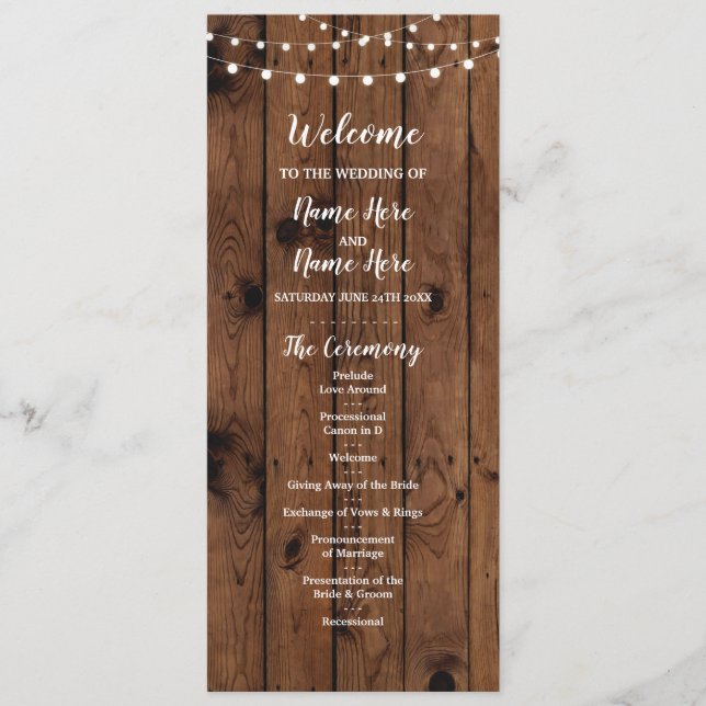 Programa de Boda Rustic Wood & String Lights (Anverso)