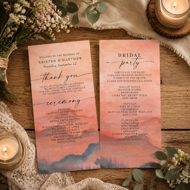 Programa de Boda Rústico Acuarela de Atardecer en  (Welcome your guests and share the details of your service with this beautiful mountain program.)