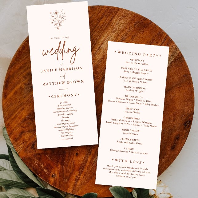 Programa de Boda Rústico Boho Elegante Naranja Que (Rustic burnt orange elegant boho program guides guests smoothly with a warm personalized feel)