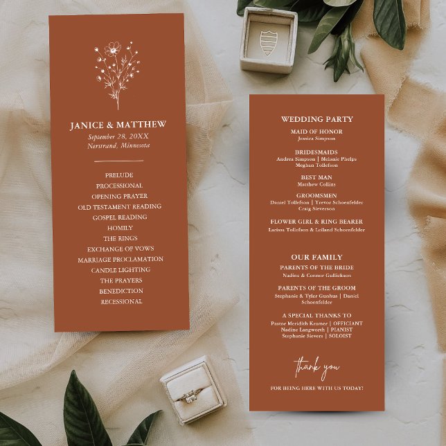 Programa de Boda Rústico Boho Sencillo de Naranja  (Rustic burnt orange boho wedding program keeps guests informed with a warm personalized touch)