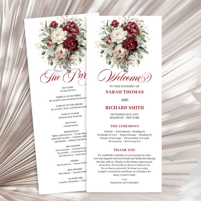 Programa de Boda Rústico con Flores de Borgoña y V (Rustic Blush Burgundy Greenery Wedding Program)