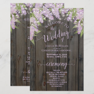 Programa de Boda Rústico con Lilas en Madera de Gr