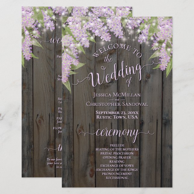 Programa de Boda Rústico con Lilas en Madera de Gr (Anverso / Reverso)