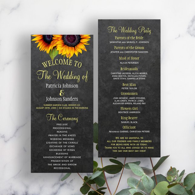 Programa de boda rustico de girasoles en pizarra (Subido por el creador)