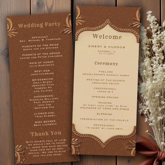 Programa de Boda Rústico de Terracota con Detalles (country rustic cowboy wedding program faux tooled leather terracotta bronze rust copper western barn)