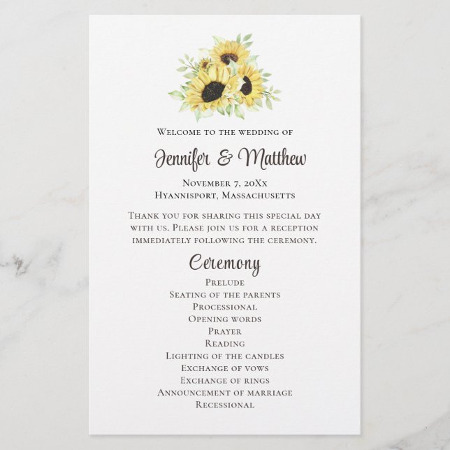 Programa de Boda Rústico Floral Amarillo de Giraso (Anverso)