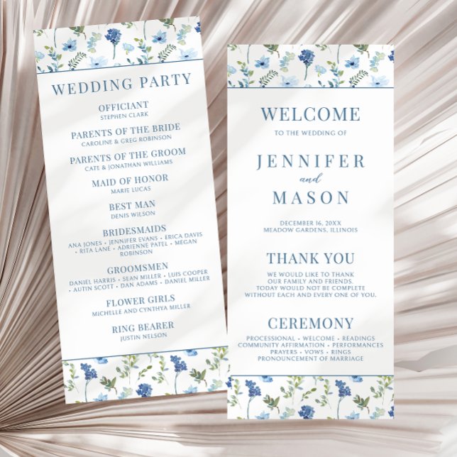 Programa de boda rústico floral azul acuarela (Subido por el creador)