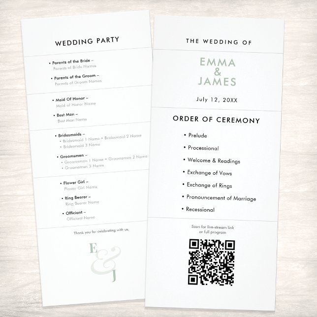 Programa de Boda Sage Ampersand | Programa | Códig (A Sage green minimalist wedding program featuring clean typography, signature ampersand and QR code.)