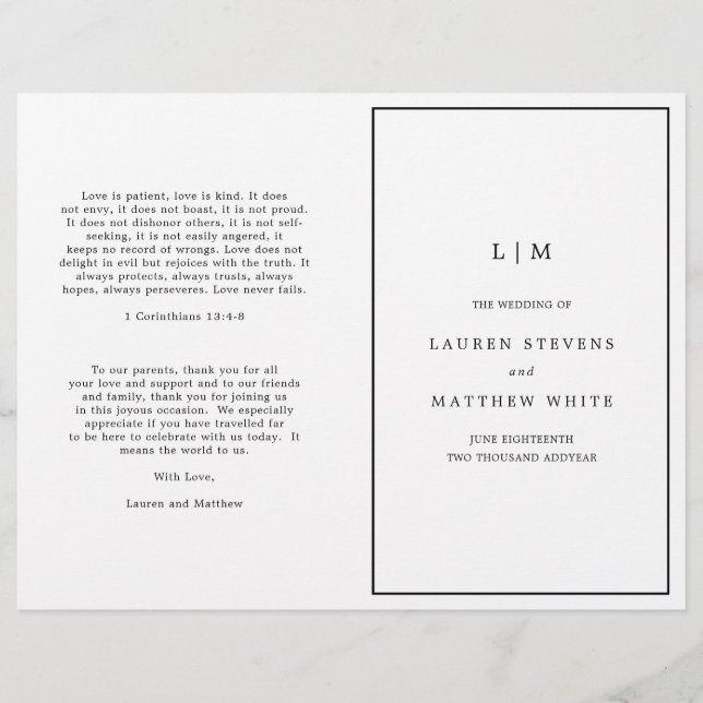 Programa de Boda Sencillo Elegante en Blanco y Neg (Anverso)