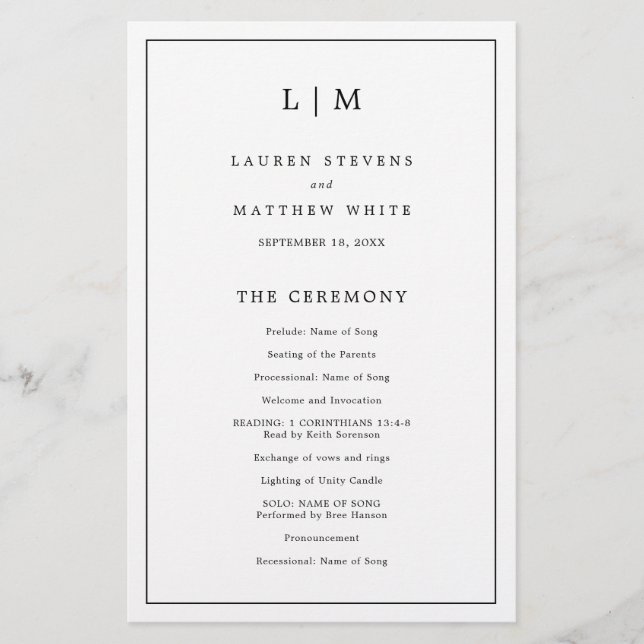 Programa de Boda Sencillo en Blanco y Negro con Pr (Frente)