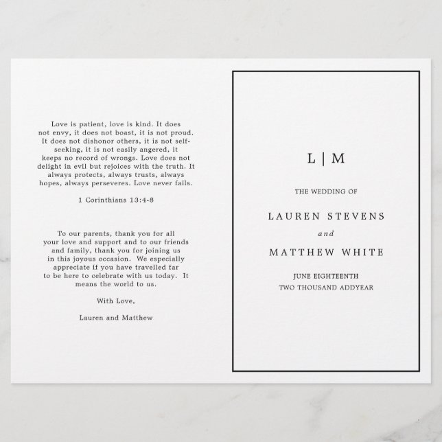 Programa de Boda Sencillo y Elegante en Blanco y N (Anverso)