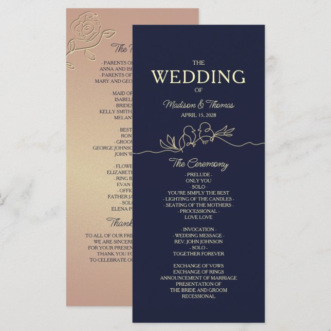 Programa de Boda Simple Azul Marino (Anverso / Reverso)