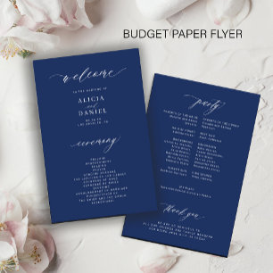Programa de boda simple azul marino y blanco con p