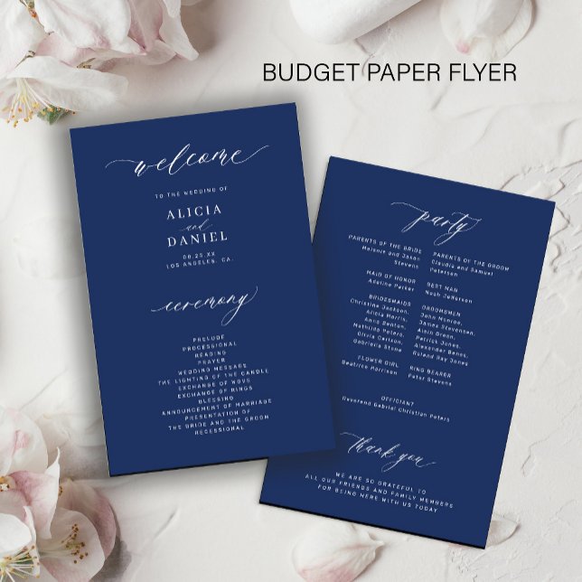 Programa de boda simple azul marino y blanco con p (Subido por el creador)