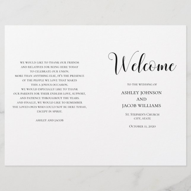 Programa de boda simple blanco y negro doblado (Anverso)