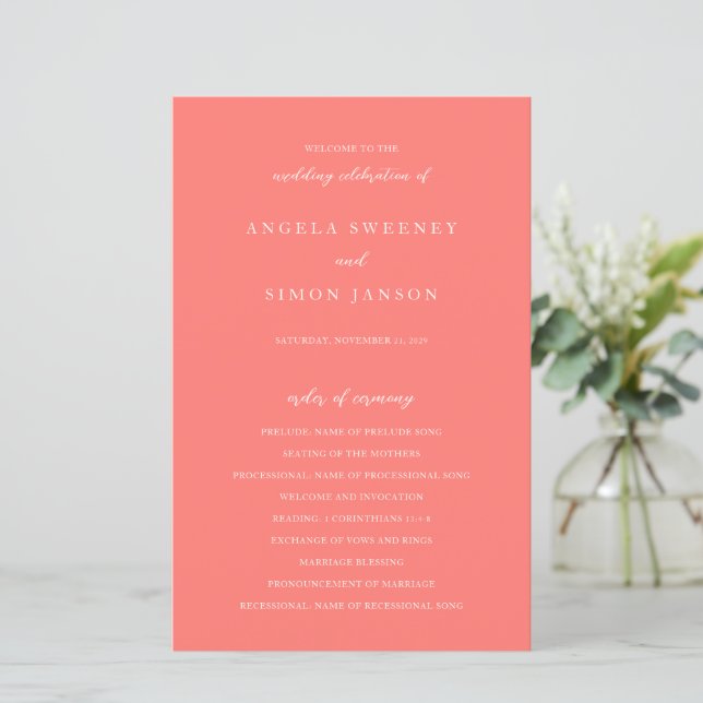 Programa de Boda Simple Coral Vibrante y Moderno (Anverso de pie)