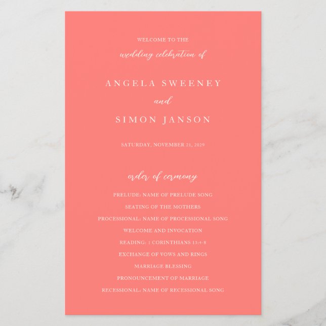 Programa de Boda Simple Coral Vibrante y Moderno (Frente)