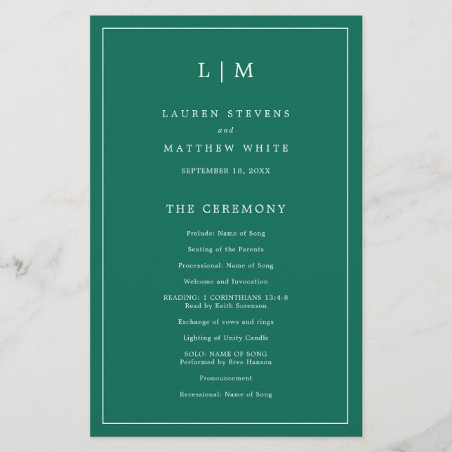 Programa de Boda Simple Esmeralda Verde Elegante (Anverso)