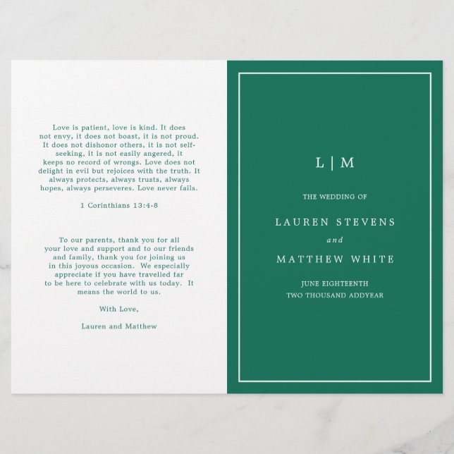Programa de Boda Simple Esmeralda Verde Elegante (Anverso)