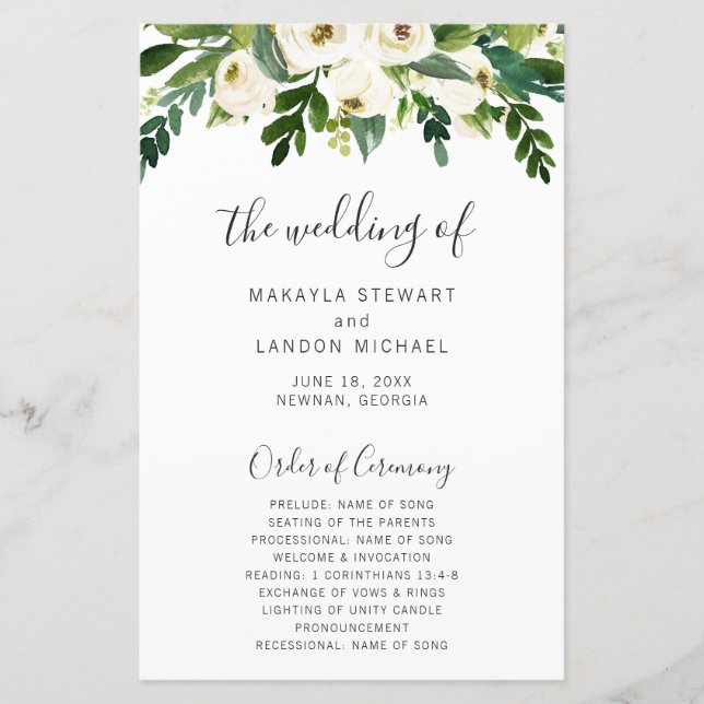 Programa de Boda Simple Floral Blanco Elegante (Anverso)