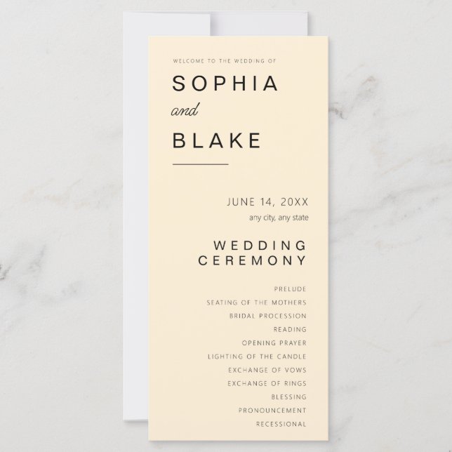 Programa de Boda Simple Minimalista Papaya Whip (Anverso)