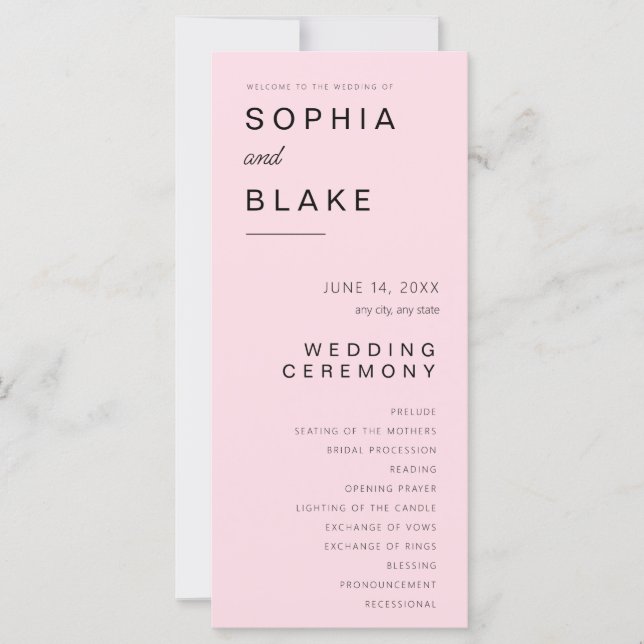 Programa de Boda Simple Minimalista Rosa Suave (Anverso)