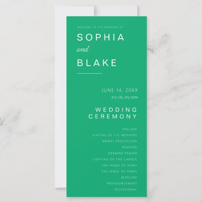Programa de Boda Simple Minimalista Verde Jade (Anverso)