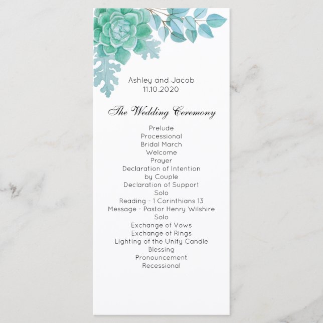 Programa de boda suculento. Ceremonia de cactus de (Anverso)