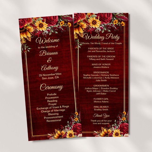 Programa de boda Sunflowers burgundy (Sunflowers burgundy roses fall wedding program order of service ceremony stationery)