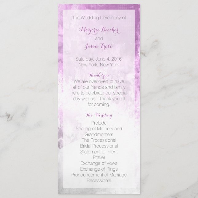 Programa de Boda Swirl Watercolor Púrpura (Anverso)