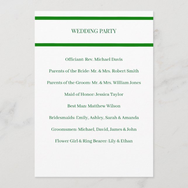 Programa de Boda Tarjeta con Borde Verde Minimalis (Anverso)