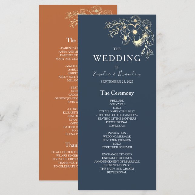 Programa de Boda Terracota Azul Marino (Anverso / Reverso)