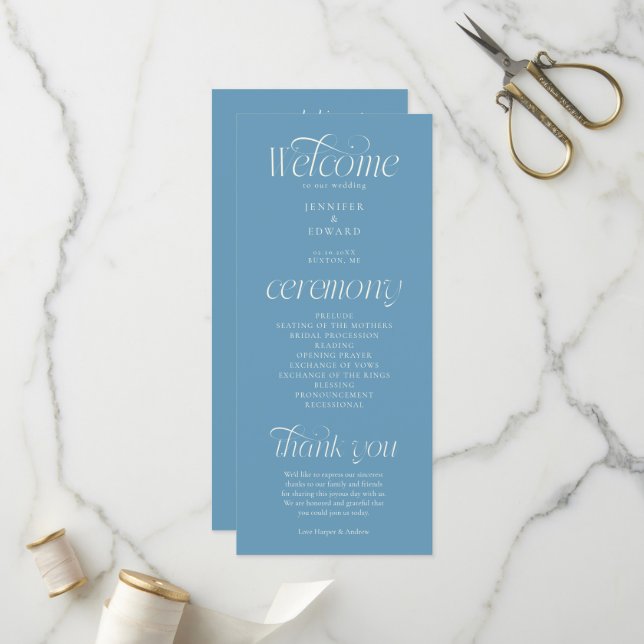 Programa de Boda Tipografía Moderna Azul Denim (Anverso/Reverso In Situ)