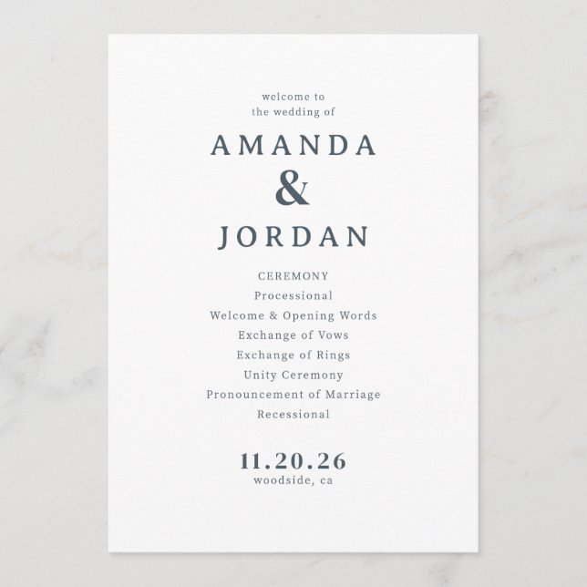 Programa de Boda Tipográfico Gris Elegante (Anverso)