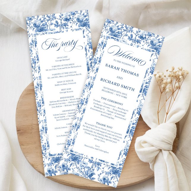 Programa de Boda Toile de Rosas Azul Francés Clási (Classic French Blue Roses Toile Wedding Program)