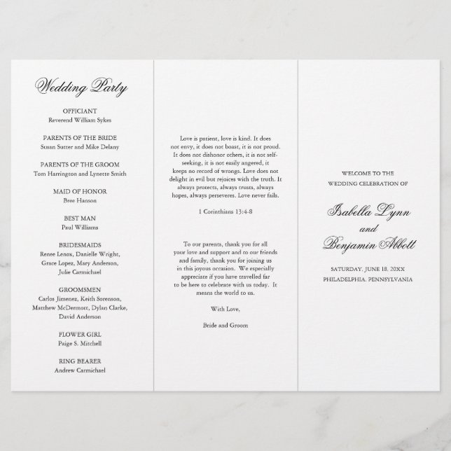Programa de boda tradicional en blanco y negro (Anverso)
