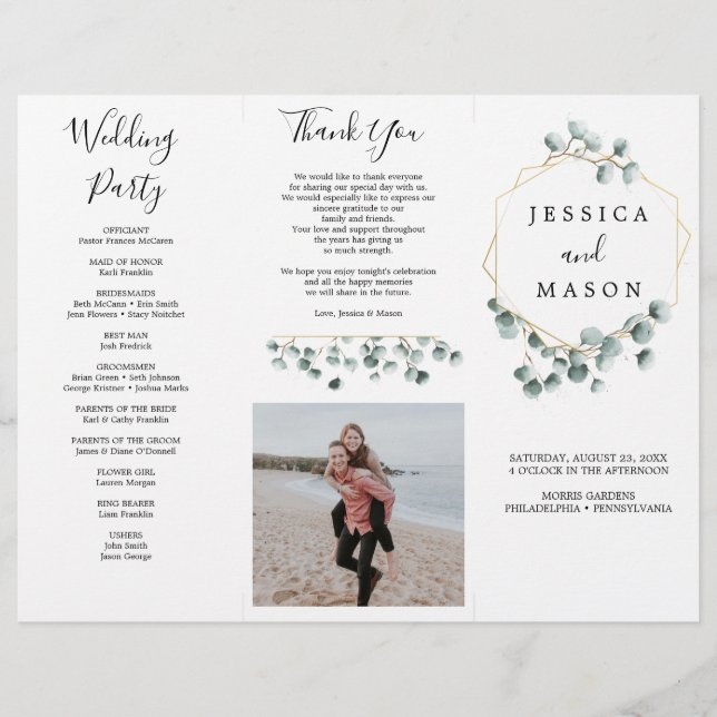 Programa de Boda Tri-Fold con Foto de Eucalipto (Frente)