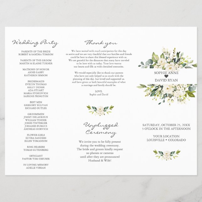 Programa de Boda Tri+Fold Flores Blancas Acuarela (Frente)