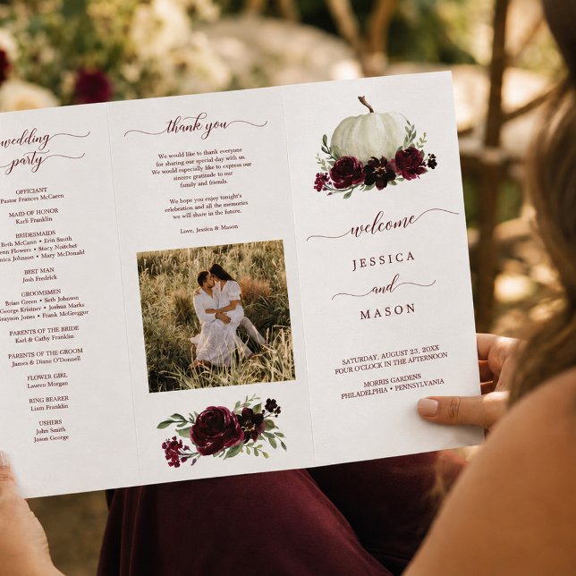 Programa de Boda Tri-Fold Otoño Calabaza Borgoña (Subido por el creador)