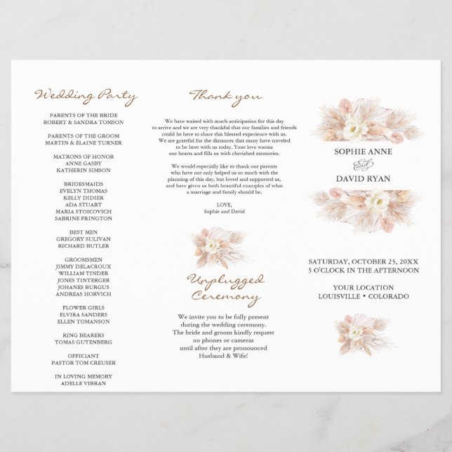 Programa de Boda Tri+Fold Wedding de Grass Floral  (Frente)