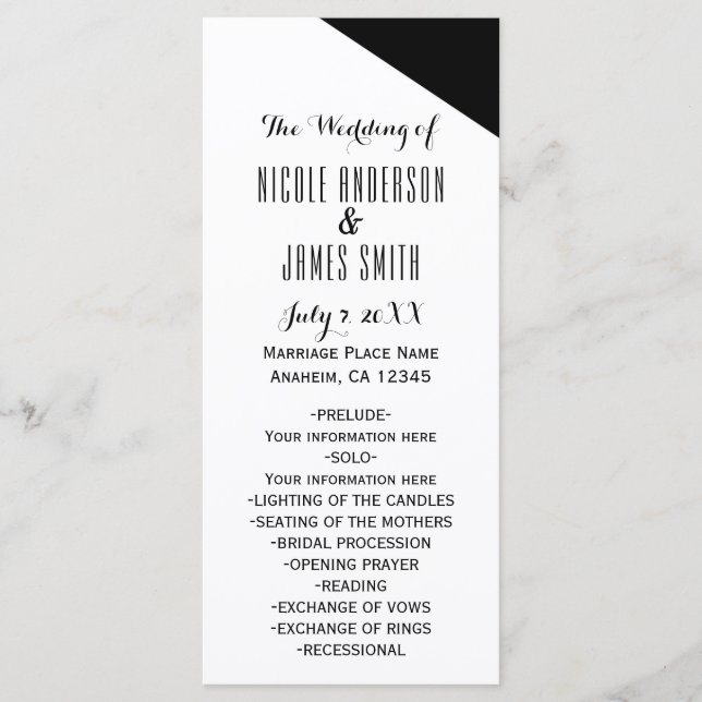 Programa de Boda Triangular Elegante en Blanco y N (Anverso)