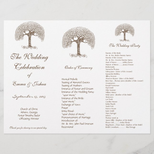 Programa de Boda TriFold Amor Pájaro Marrón Remoli (Anverso)