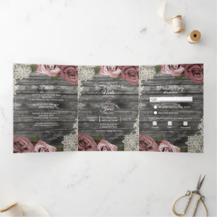 Programa de Boda Trifold de Madera Gris Rosa Polvo