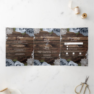 Programa de Boda Trifold de Madera Rústica Azul Po