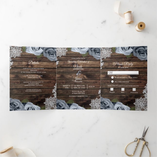 Programa de Boda Trifold de Madera Rústica Azul Po (Interior)