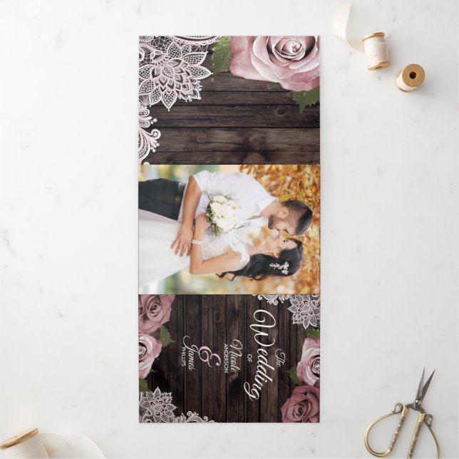 Programa de Boda Trifold de Madera Rústica Rosa Po (Exterior)