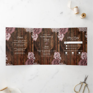 Programa de Boda Trifold de Madera Rústica Rosa Po