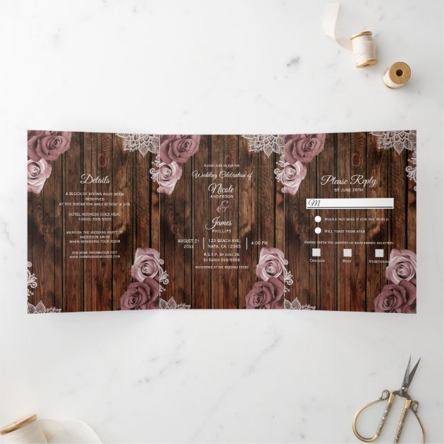 Programa de Boda Trifold de Madera Rústica Rosa Po (Interior)